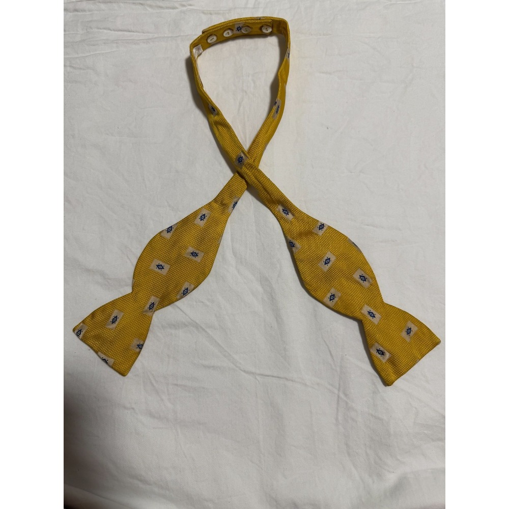 Carrot & Gibbs Pure Silk Bow Tie Yellow Blue Diamond Pattern Button Adjust AS IS